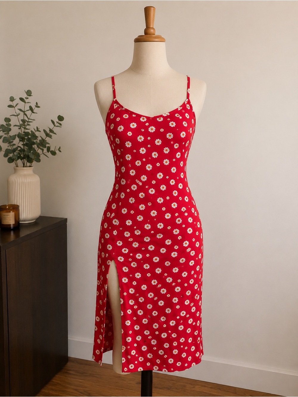 PrettyLittleThing Red Floral Jersey Split Cami Midi Dress